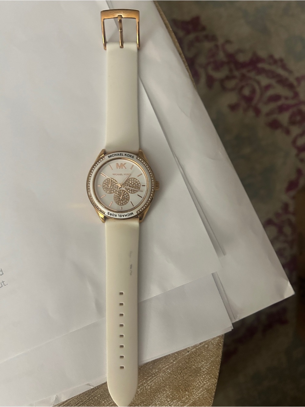 Michael Kors White Silicone Strap Watch with Gold-Tone Case and Crystal Accents